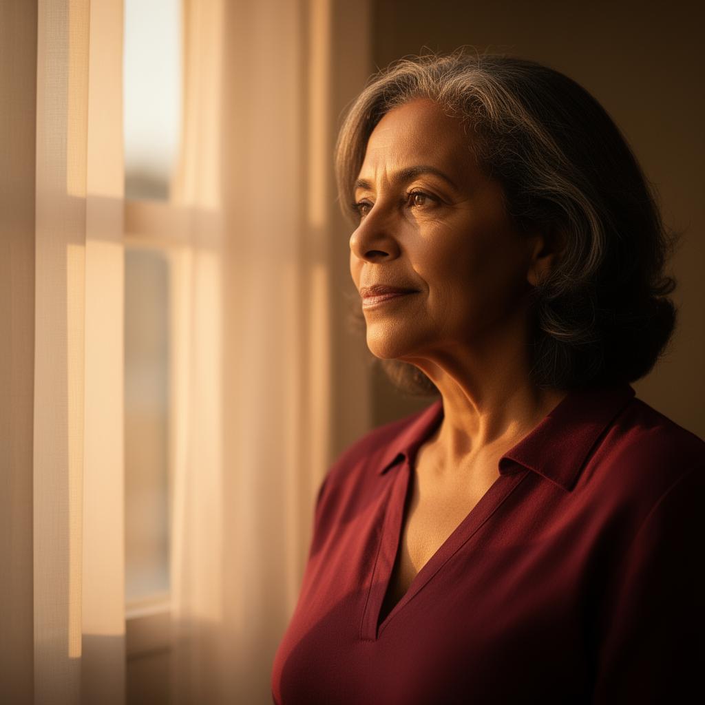 Mulher em paz olhando pela janela